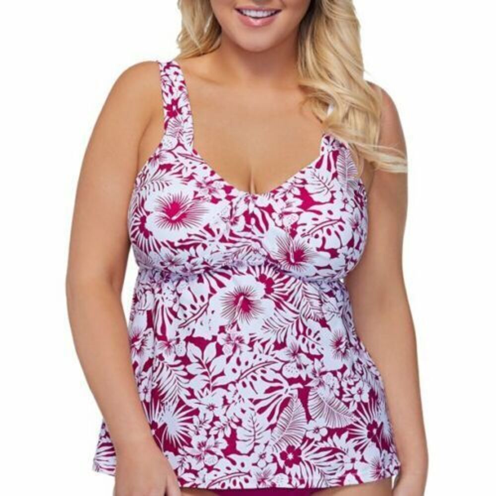 Raisins Curve Plus Size Rimini  Tankini Top 14W White Pink